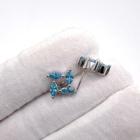 .925 Sterling Silver Marquis Blue Topaz Cz Earrings - Picture 9 of 12